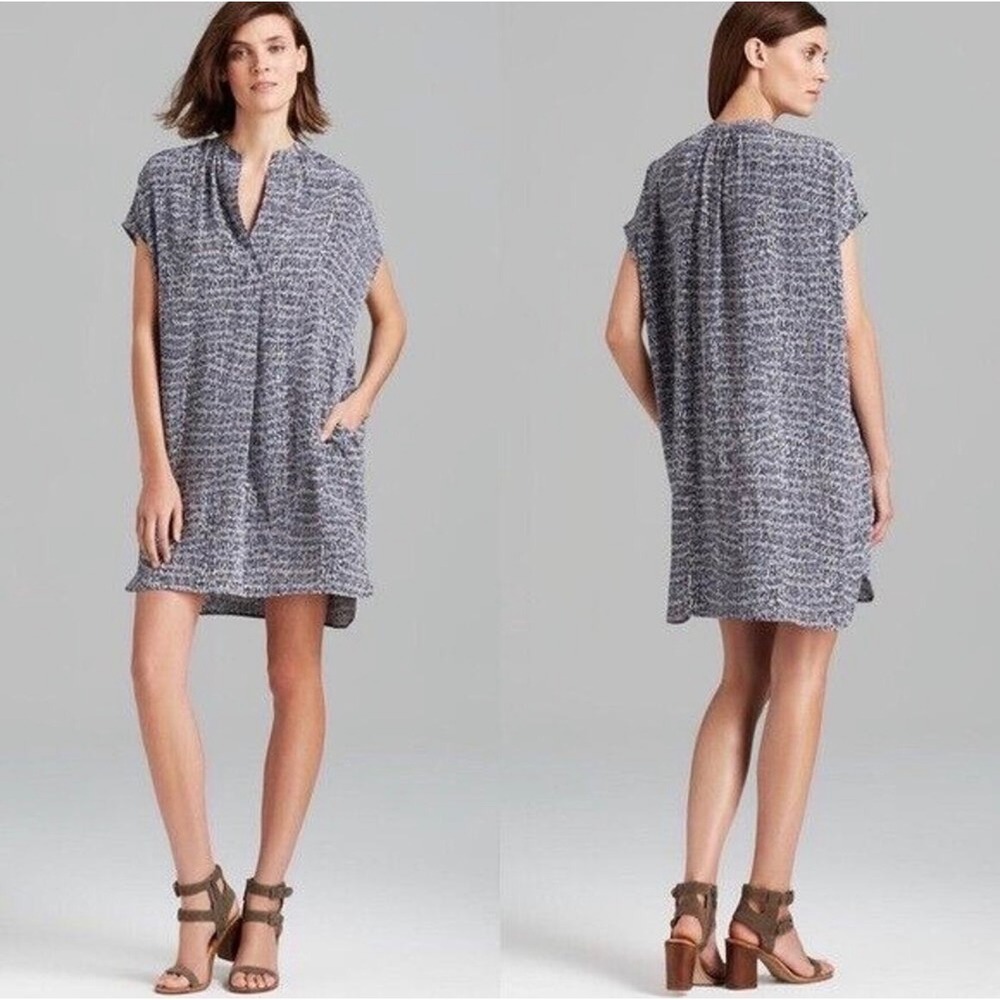 Vince 100% Silk Abstract Print Draped Cocoon Shift Dress Navy White M dolman